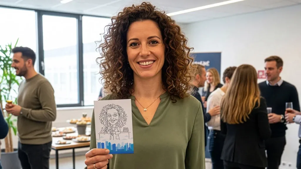 A woman with curly hair, wearing a green blouse, smiles and holds a caricature drawing of herself at an indoor corporate event experiential, with people and food in the background.